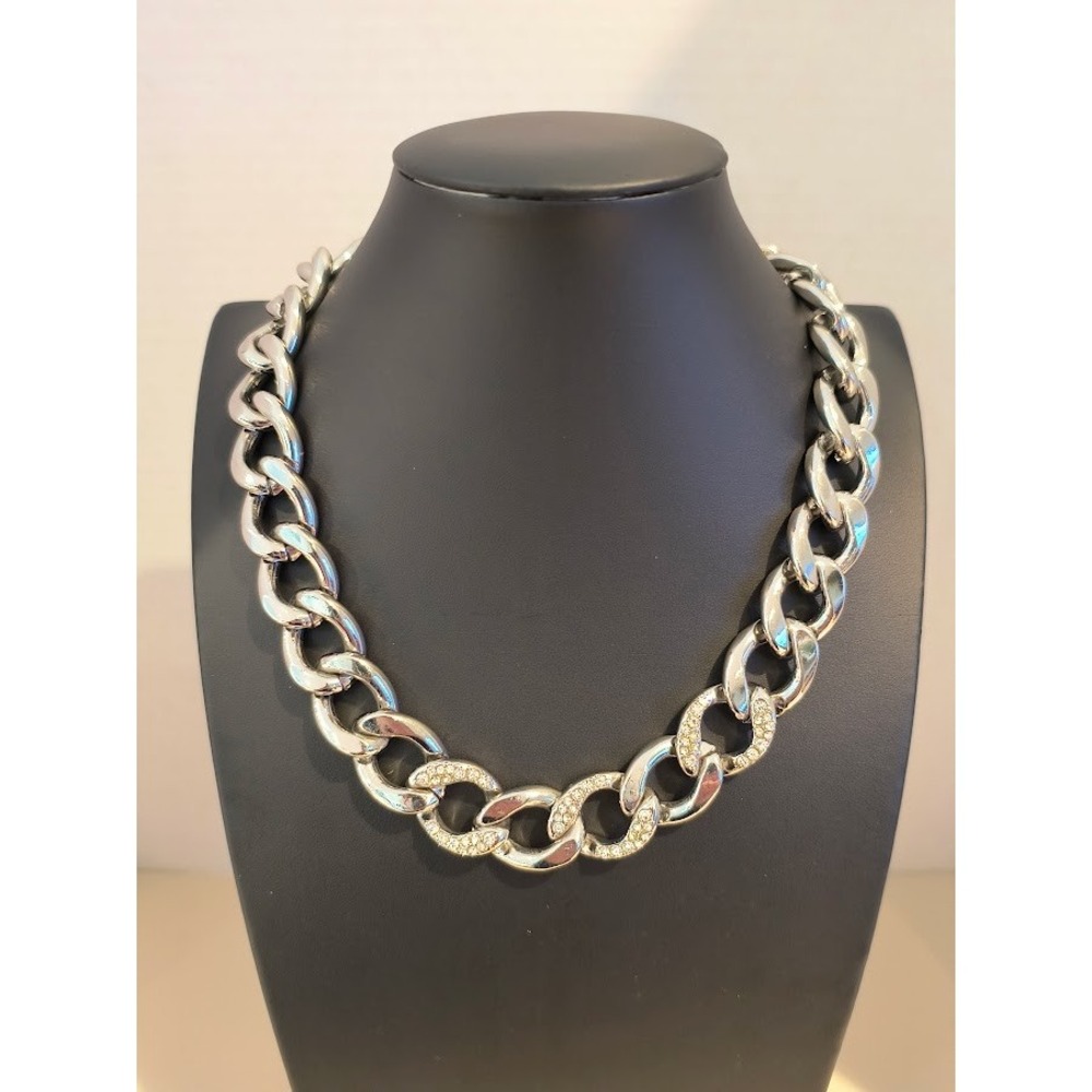 Chunky Silver Tone Chain Necklace Rhinestone Accent Lobster Clasp Statement